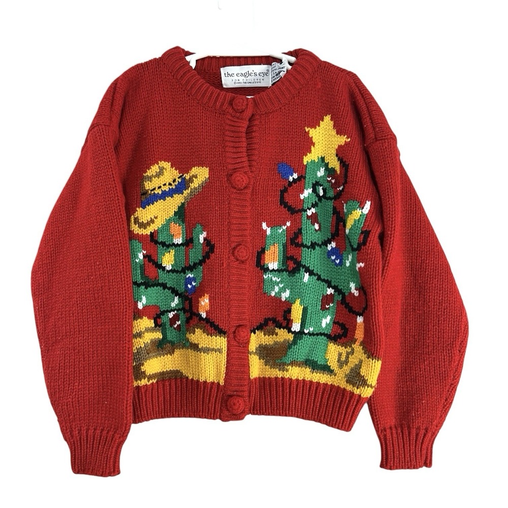 Vtg 90s Eagles Eye Western Christmas Cardigan‎ Sweater Child 6X Red  Chunky Cozy